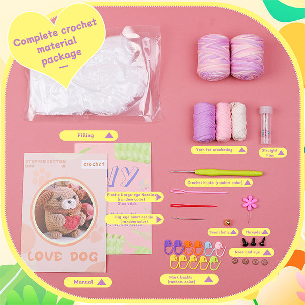 Dazzling Pink Purple Stuffed Cotton Puppy Hand Knitting Material Kit