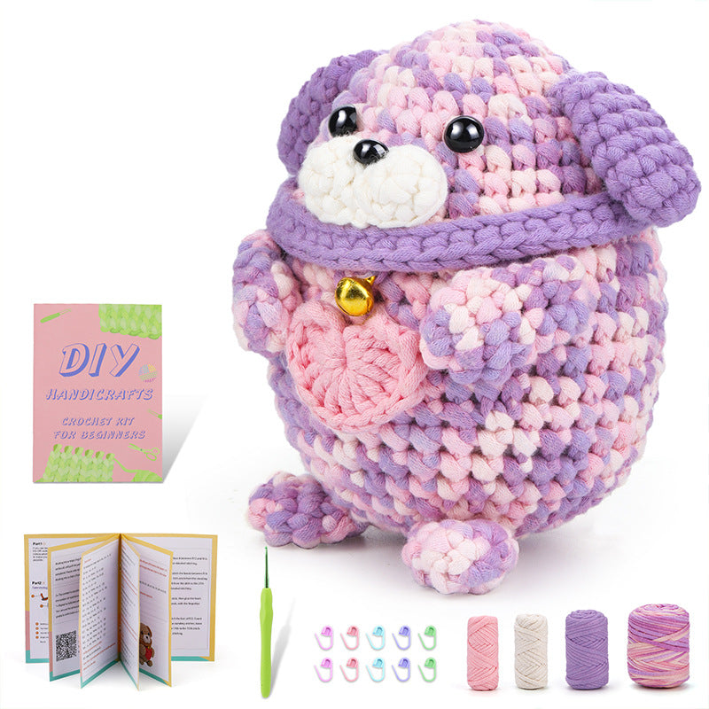 Dazzling Pink Purple Stuffed Cotton Puppy Hand Knitting Material Kit