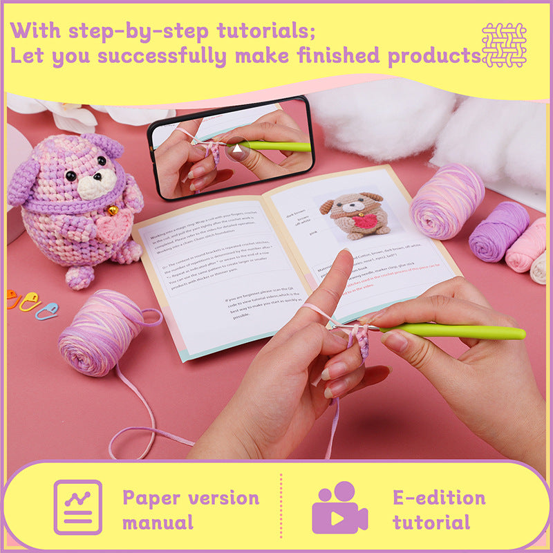 Dazzling Pink Purple Stuffed Cotton Puppy Hand Knitting Material Kit